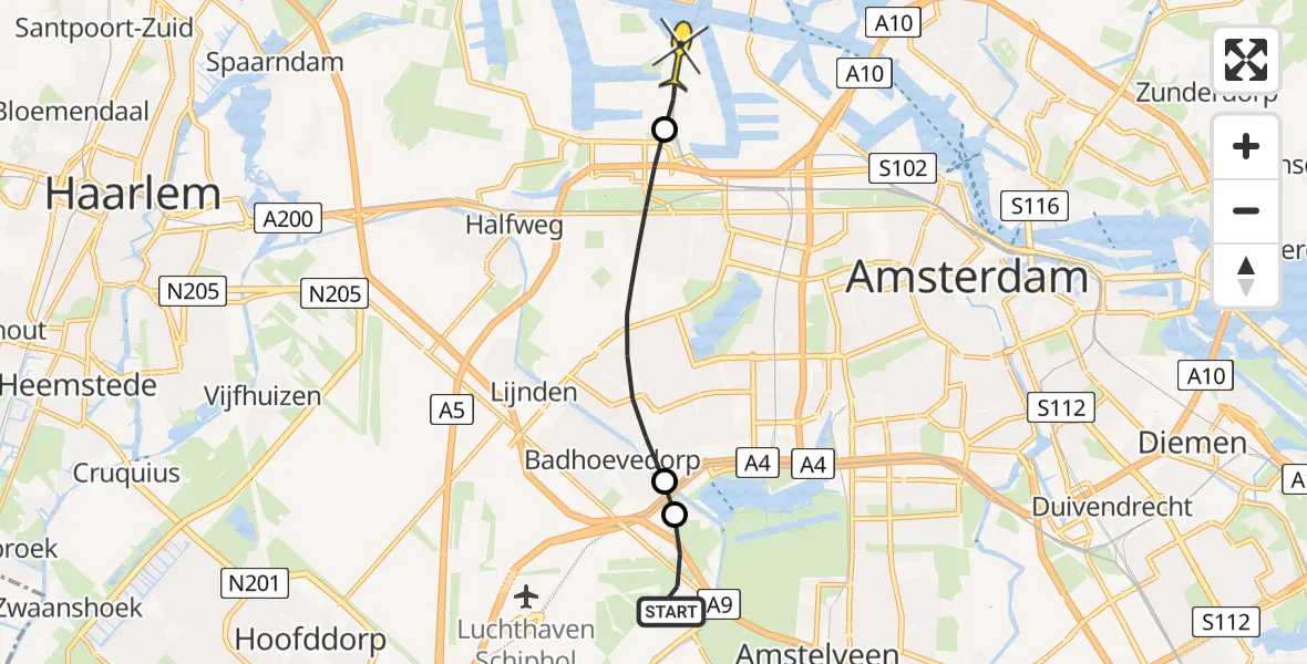 Routekaart van de vlucht: Politieheli naar Amsterdam Heliport, Hornweg