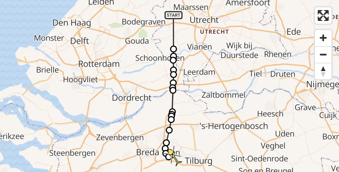 Routekaart van de vlucht: Politieheli naar Vliegbasis Gilze-Rijen, Voorwetering