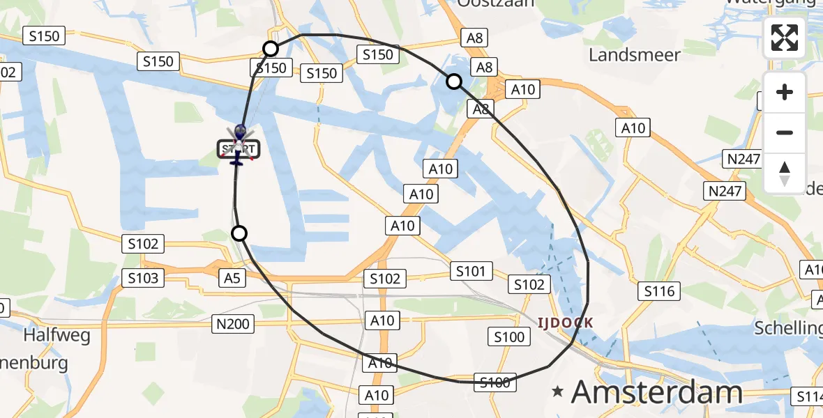 Routekaart van de vlucht: Politiehelikopter naar Amsterdam Heliport, Grote Tocht