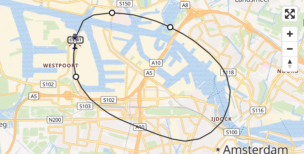 Vluchtroute Politiehelikopter van Amsterdam Heliport naar Amsterdam Heliport
