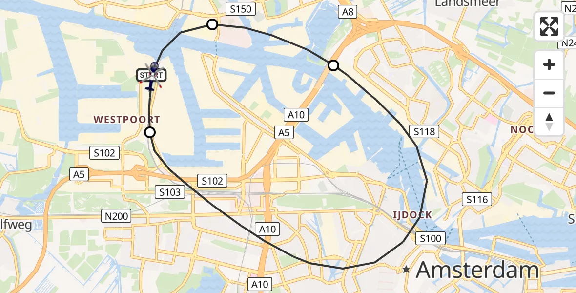 Vluchtroute Politiehelikopter van Amsterdam Heliport naar Amsterdam Heliport