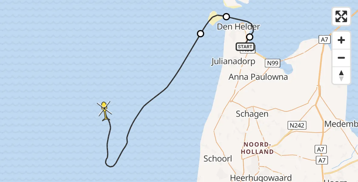 Routekaart van de vlucht: Kustwachthelikopter naar Oostoeverweg