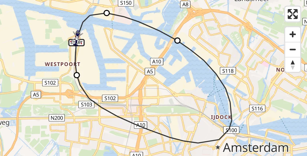 Vluchtroute Politiehelikopter van Amsterdam Heliport naar Amsterdam Heliport