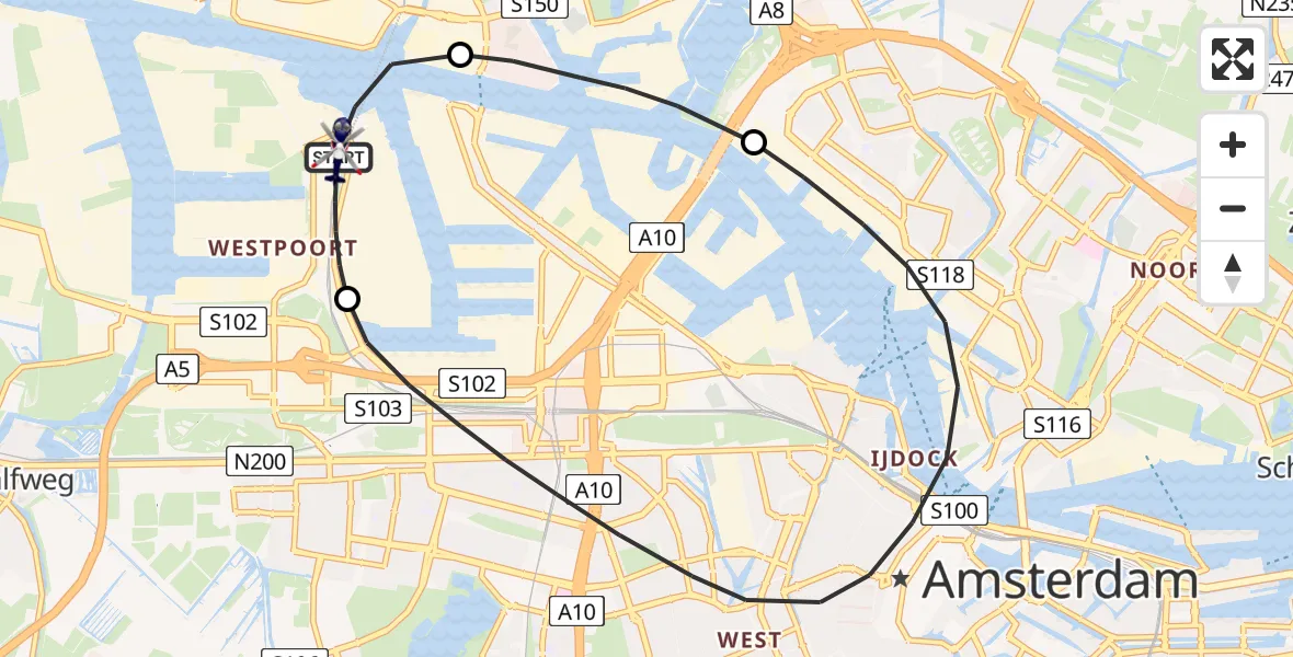 Vluchtroute Politiehelikopter van Amsterdam Heliport naar Amsterdam Heliport