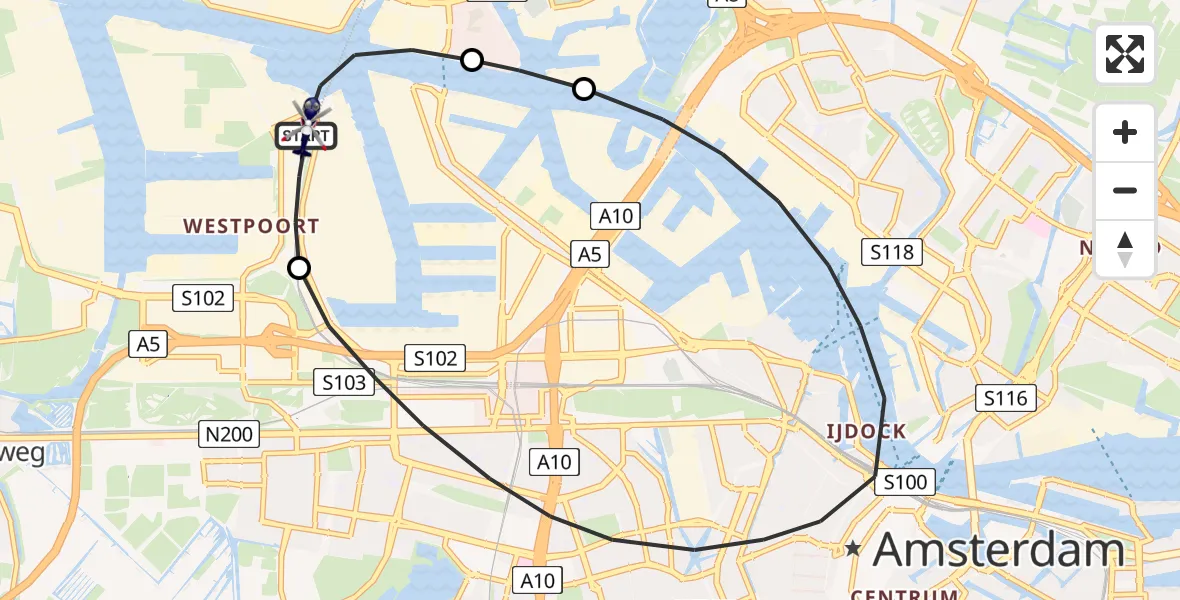 Vluchtroute Politiehelikopter van Amsterdam Heliport naar Amsterdam Heliport