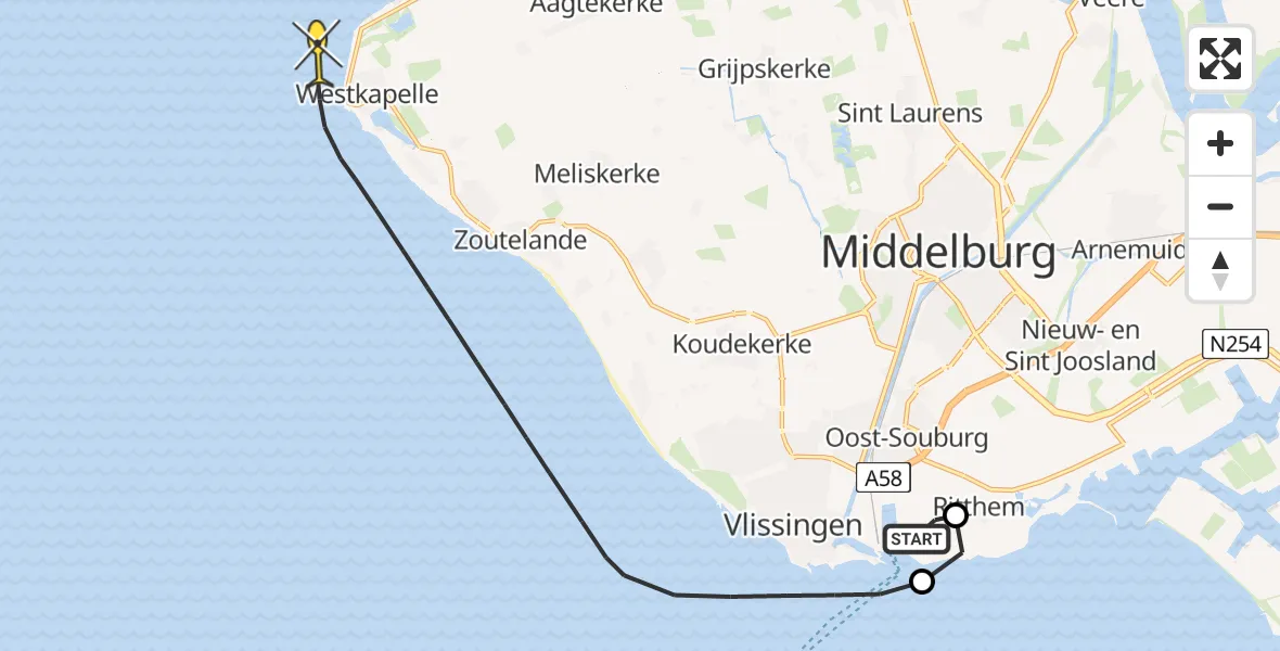 Routekaart van de vlucht: Kustwachthelikopter naar Vlissingen, Spuikom