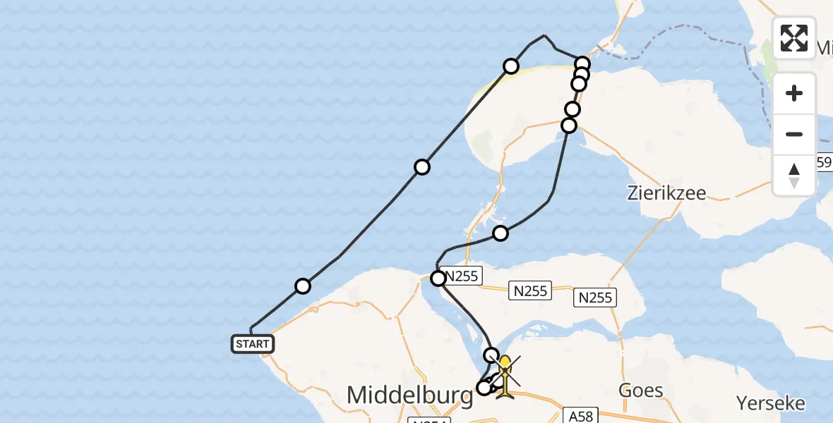 Routekaart van de vlucht: Kustwachthelikopter naar Vliegveld Midden-Zeeland, Calandweg