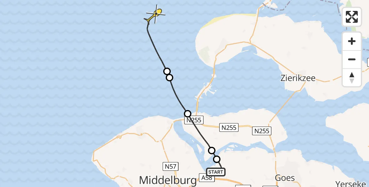Routekaart van de vlucht: Kustwachthelikopter naar Calandweg