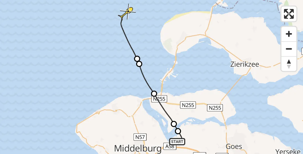 Vluchtroute Kustwachthelikopter van Vliegveld Midden-Zeeland naar 