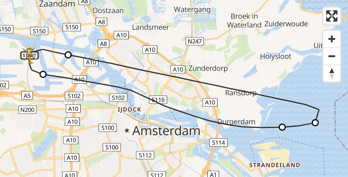 Vluchtroute Traumahelikopter van Amsterdam Heliport naar Amsterdam Heliport