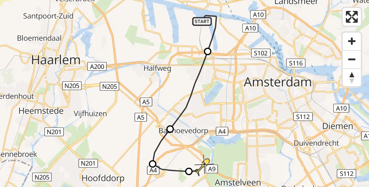 Routekaart van de vlucht: Politieheli naar Schiphol, Hemweg