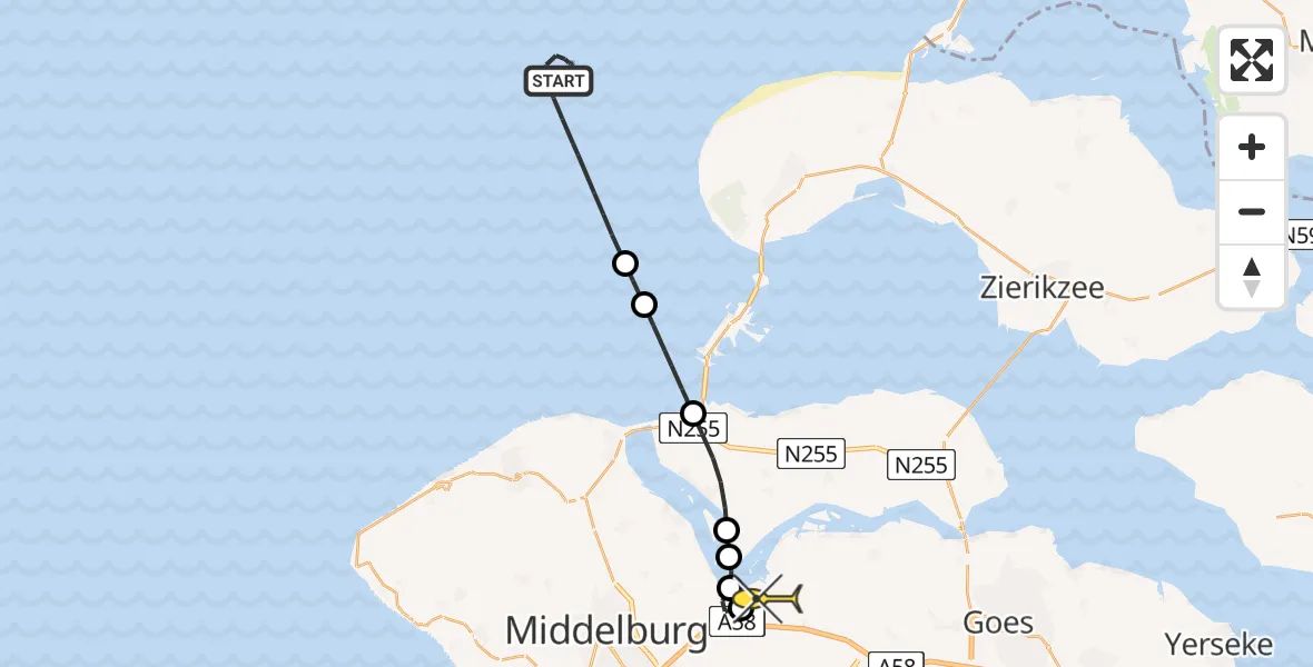 Routekaart van de vlucht: Kustwachthelikopter naar Vliegveld Midden-Zeeland, Calandweg