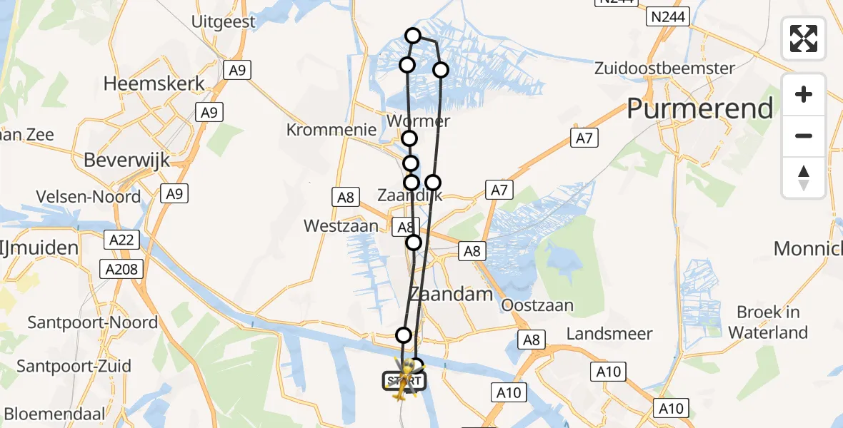 Vluchtroute Traumahelikopter van Amsterdam Heliport naar Amsterdam Heliport