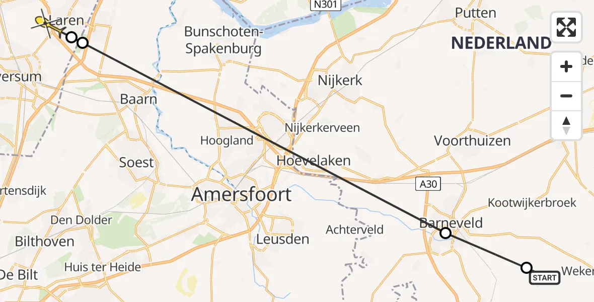 Routekaart van de vlucht: Politieheli naar Laren, Lage Veldweg