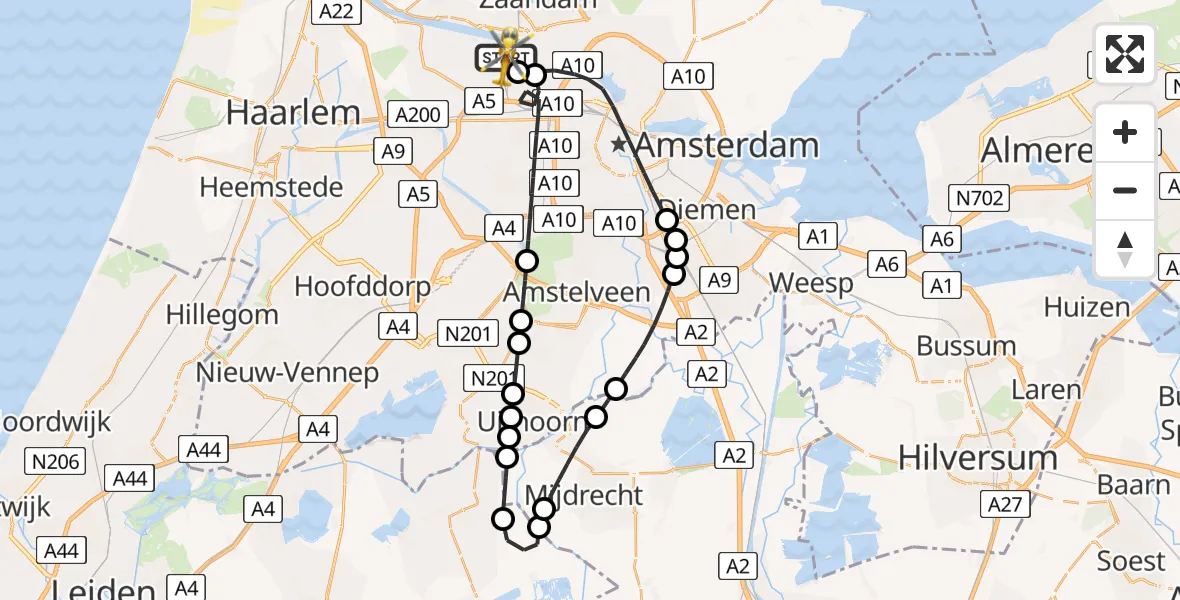 Vluchtroute Traumahelikopter van Amsterdam Heliport naar Amsterdam Heliport