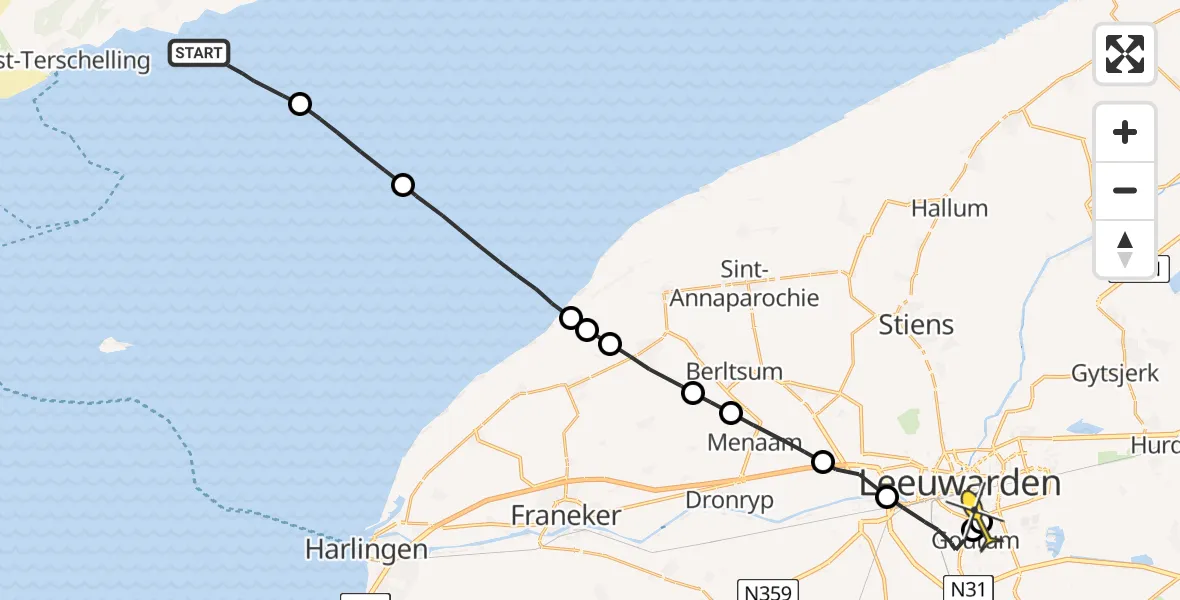 Routekaart van de vlucht: Ambulanceheli naar Leeuwarden, Dr. Jacob Botkeweg