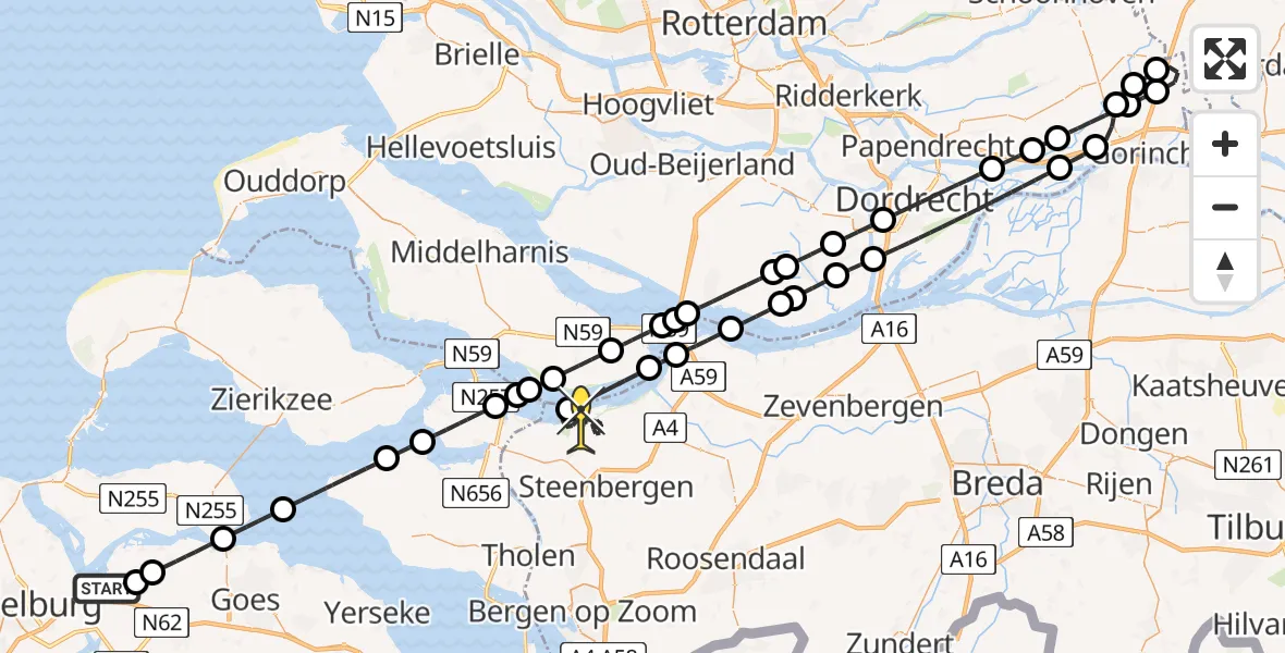 Routekaart van de vlucht: Kustwachthelikopter naar Dinteloord, Meerkoetweg
