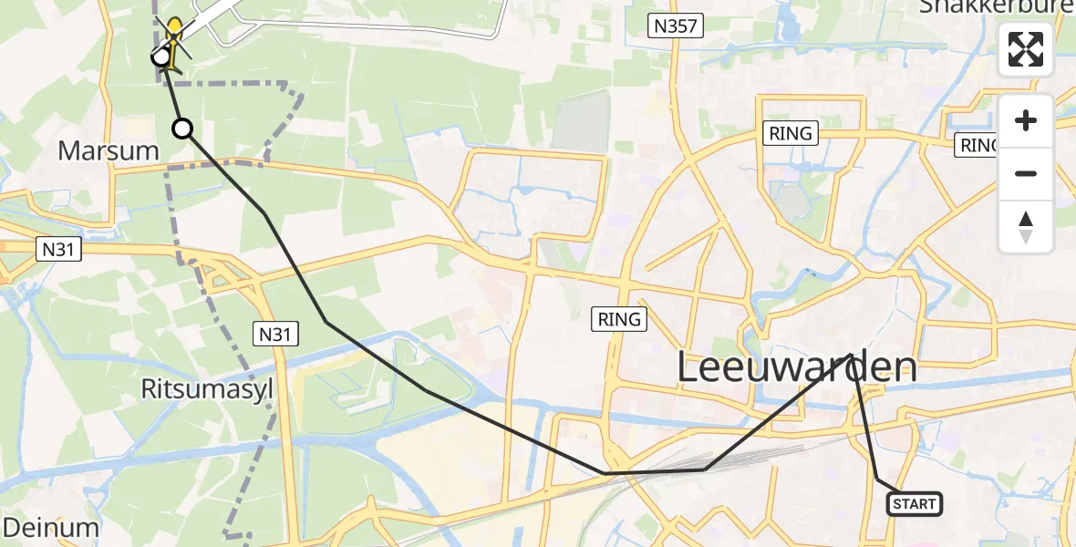 Routekaart van de vlucht: Ambulancehelikopter naar Leeuwarden, Naauw