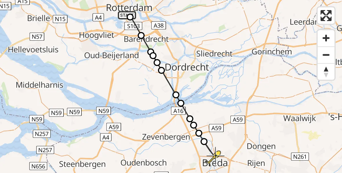 Routekaart van de vlucht: Traumaheli naar Breda, Maashaven Z.z.