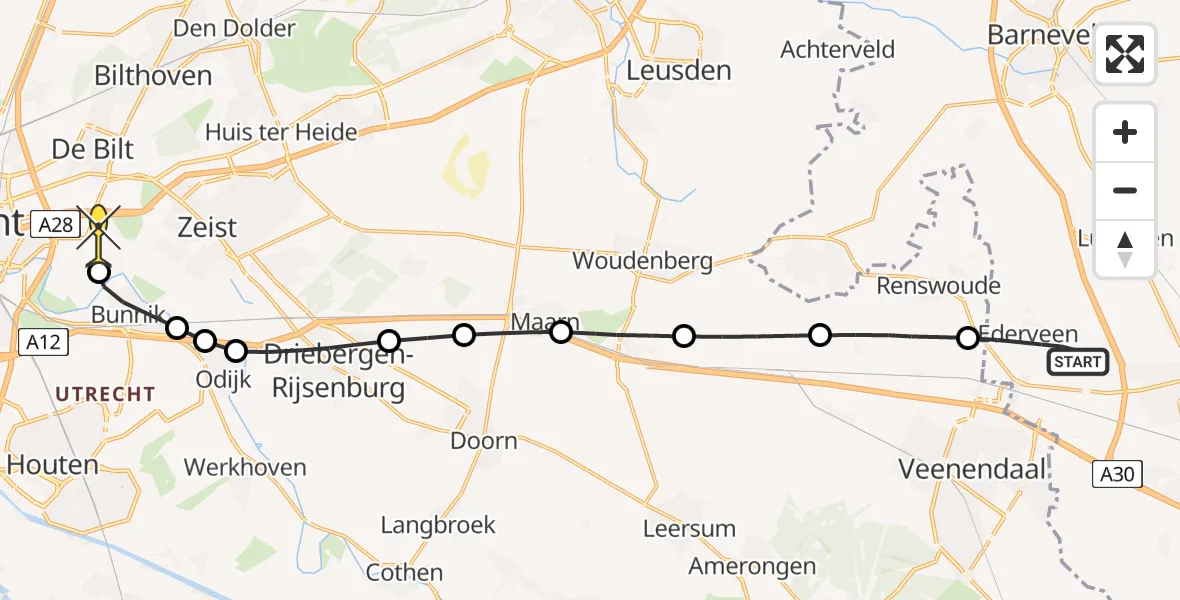 Routekaart van de vlucht: Lifeliner 3 naar Universitair Medisch Centrum Utrecht, Meikade