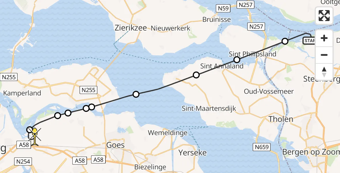 Routekaart van de vlucht: Kustwachthelikopter naar Vliegveld Midden-Zeeland, Zuid Vlije