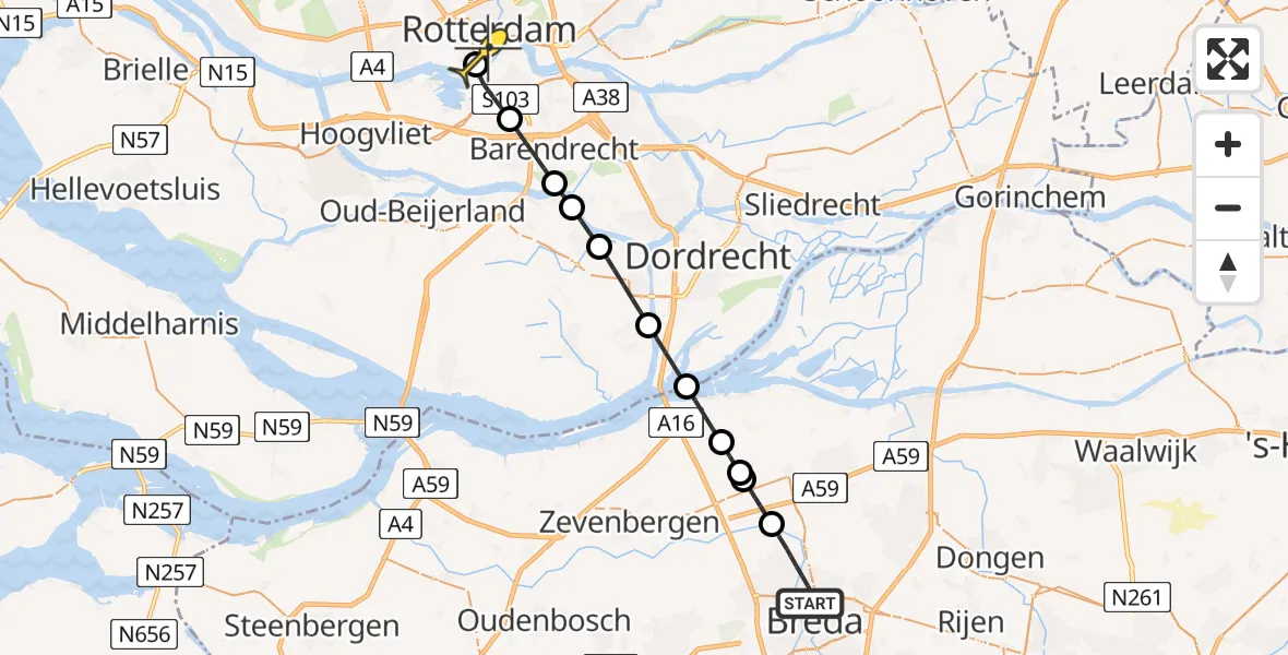 Routekaart van de vlucht: Traumaheli naar Erasmus MC, Konijnenberg