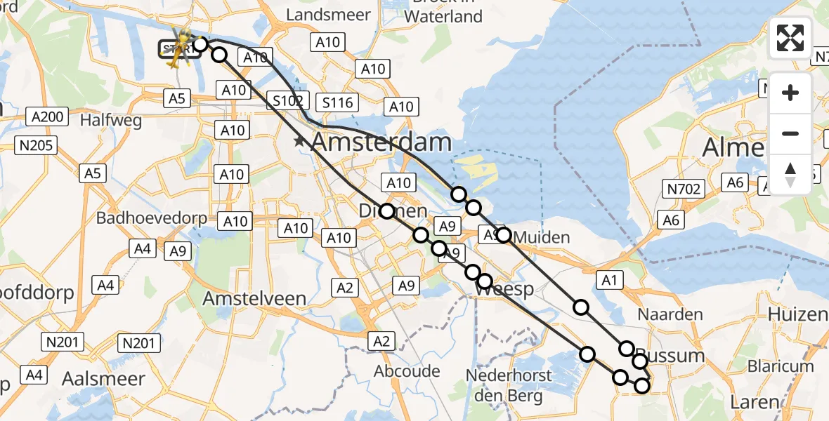 Vluchtroute Traumahelikopter van Amsterdam Heliport naar Amsterdam Heliport
