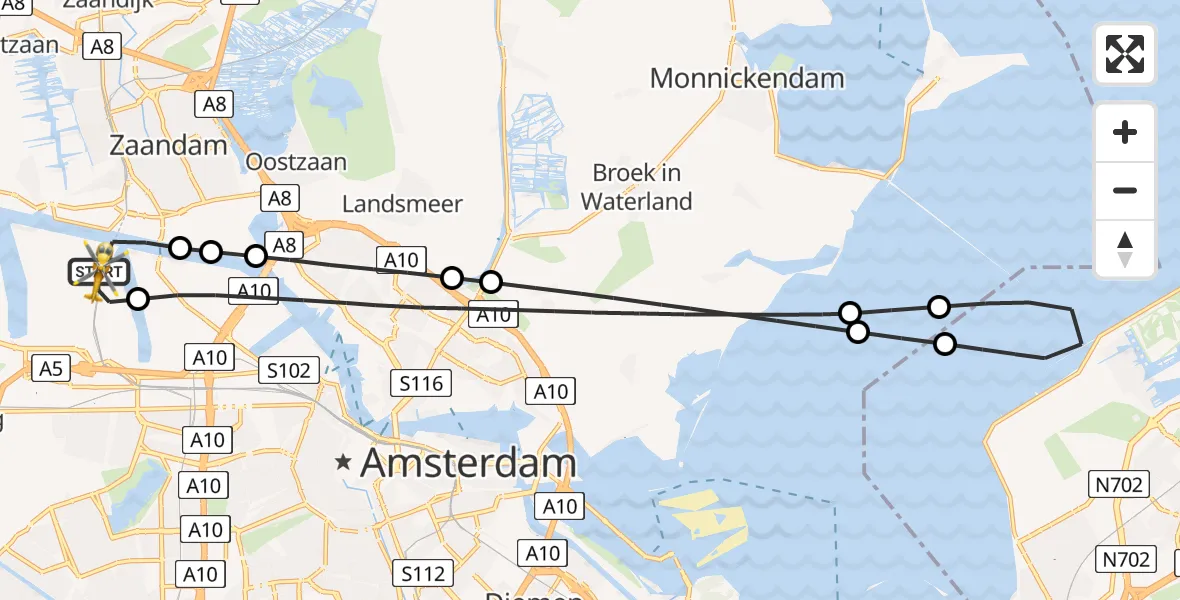 Vluchtroute Traumahelikopter van Amsterdam Heliport naar Amsterdam Heliport