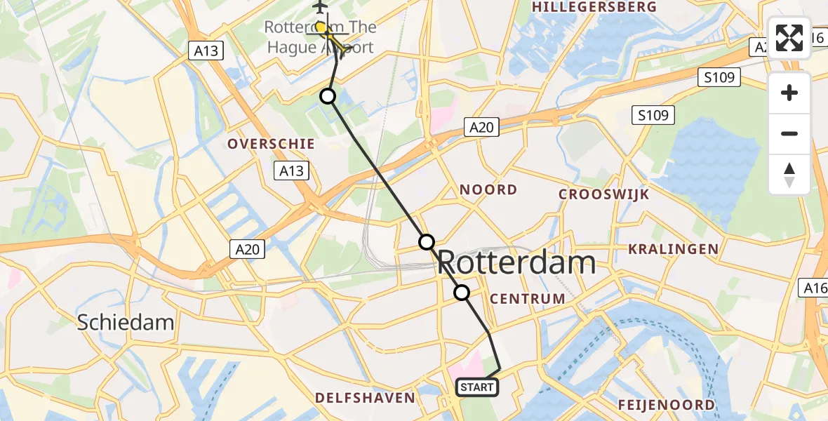 Routekaart van de vlucht: Traumaheli naar Rotterdam The Hague Airport, Drievriendenstraat