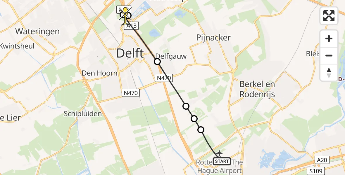 Routekaart van de vlucht: Traumaheli naar Den Haag, Schieveense polder