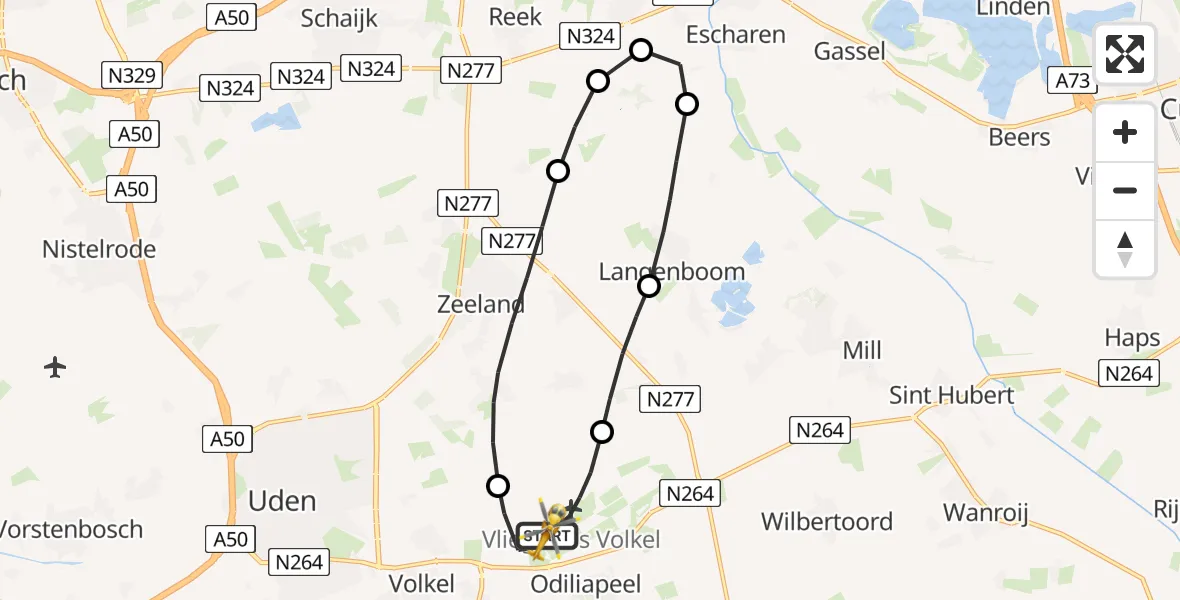 Vluchtroute Traumahelikopter van Vliegbasis Volkel naar Vliegbasis Volkel