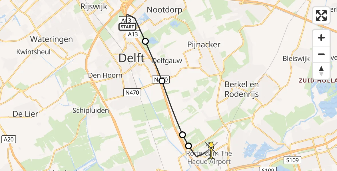 Routekaart van de vlucht: Traumaheli naar Rotterdam The Hague Airport, Wrightlaan