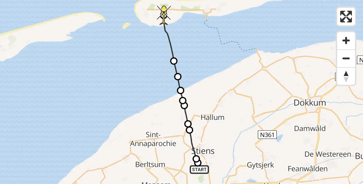 Routekaart van de vlucht: Ambulanceheli naar Ameland Airport Ballum, Brédyk