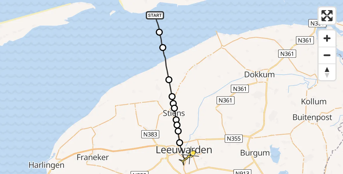 Routekaart van de vlucht: Ambulanceheli naar Leeuwarden, Molengat