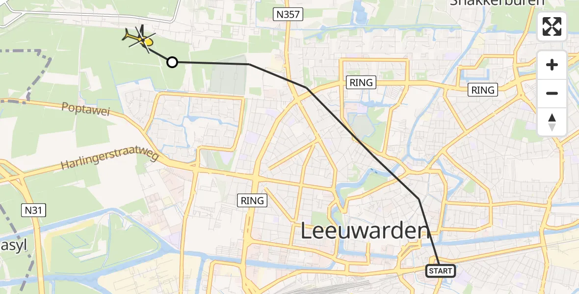 Vluchtroute Ambulancehelikopter van Leeuwarden naar Vliegbasis Leeuwarden