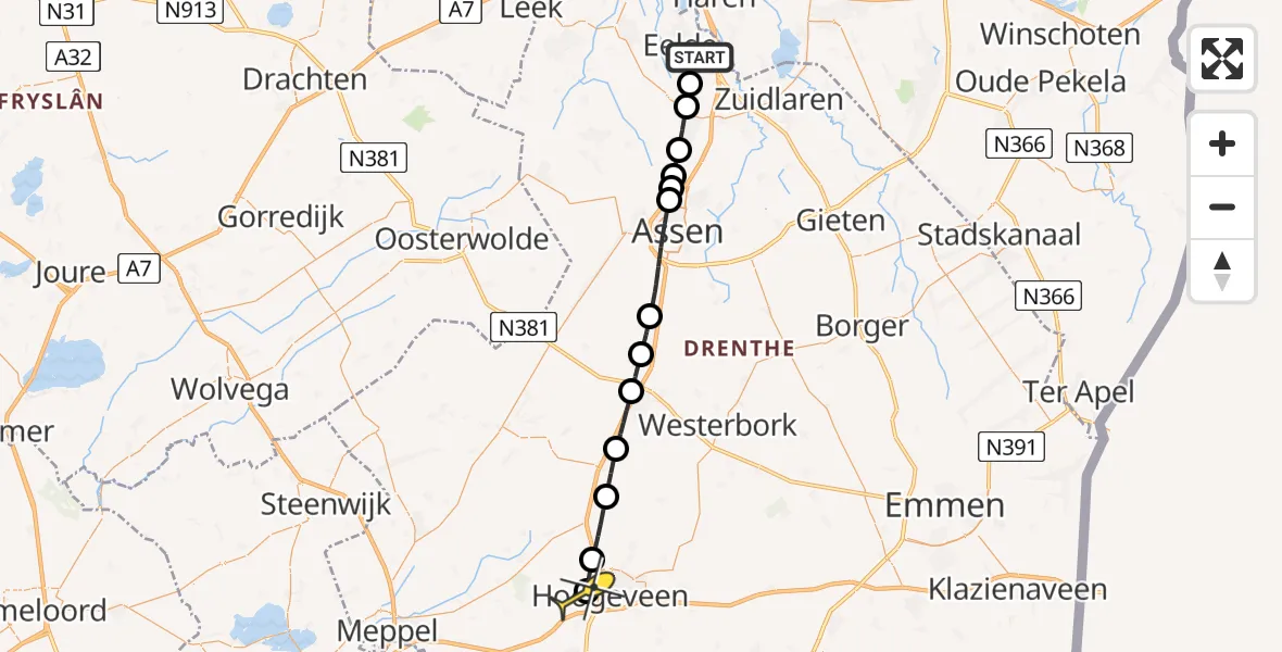 Routekaart van de vlucht: Lifeliner 4 naar Hoogeveen, Moespot