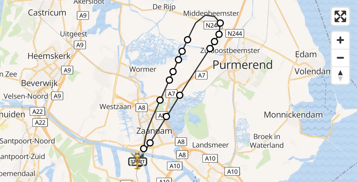 Vluchtroute Traumahelikopter van Amsterdam Heliport naar Amsterdam Heliport