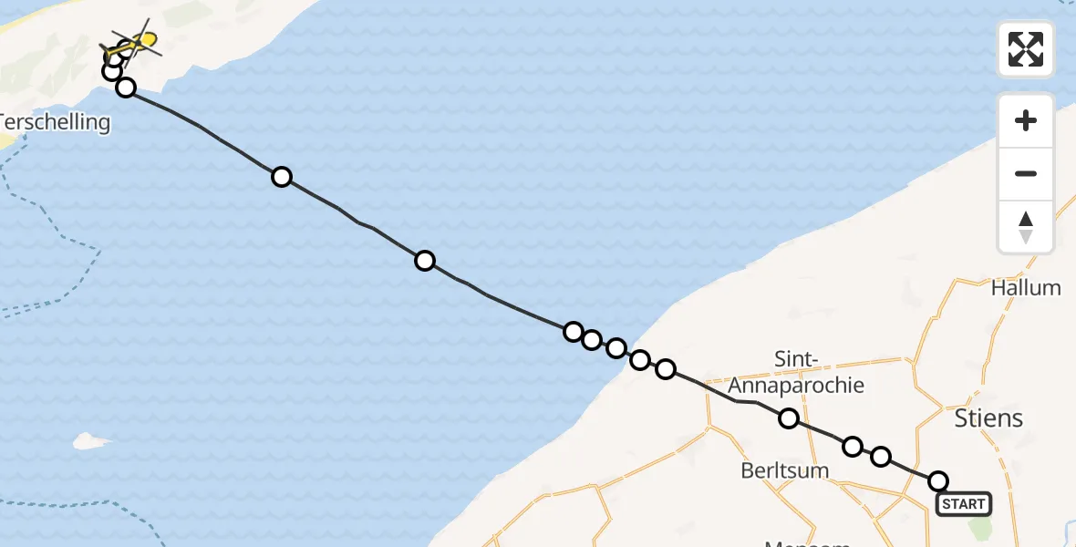 Routekaart van de vlucht: Ambulanceheli naar Midsland, Hogerhuisdyk