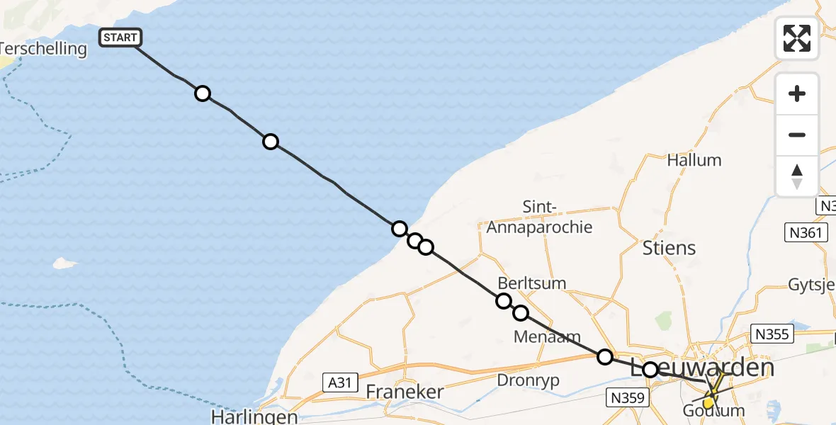 Routekaart van de vlucht: Ambulanceheli naar Leeuwarden, Borniastraat