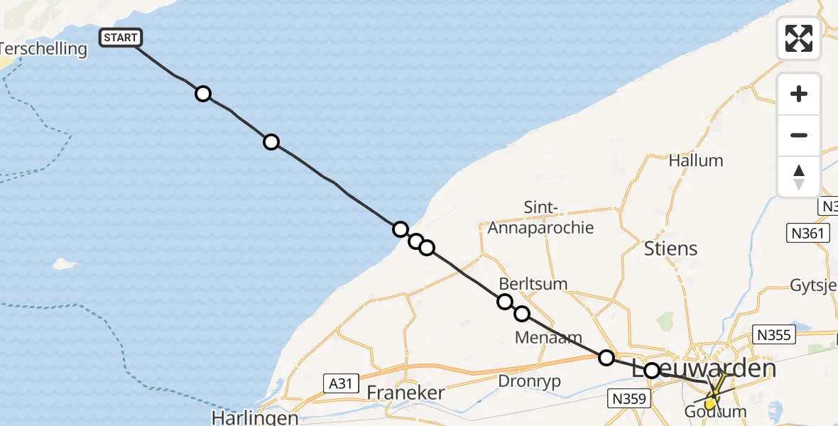 Routekaart van de vlucht: Ambulancehelikopter naar Leeuwarden, Borniastraat