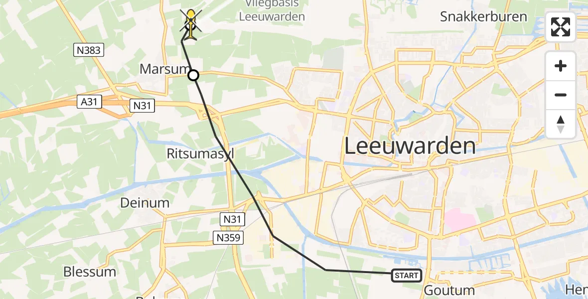 Vluchtroute Ambulancehelikopter van Leeuwarden naar Leeuwarden