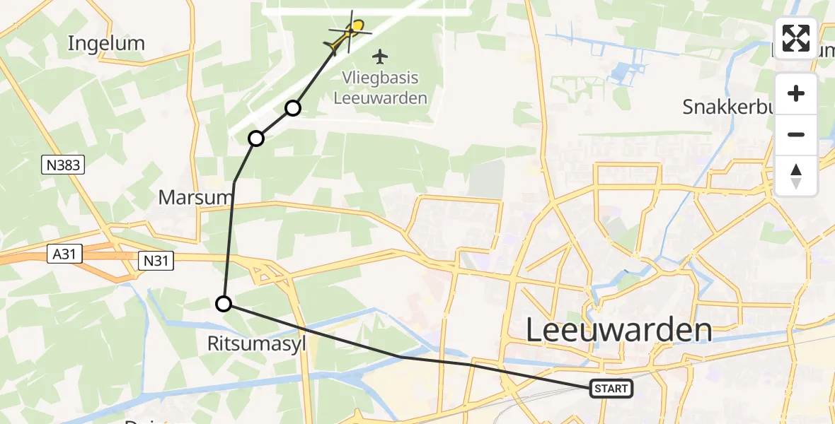 Routekaart van de vlucht: Ambulanceheli naar Vliegbasis Leeuwarden, Zwettestraat