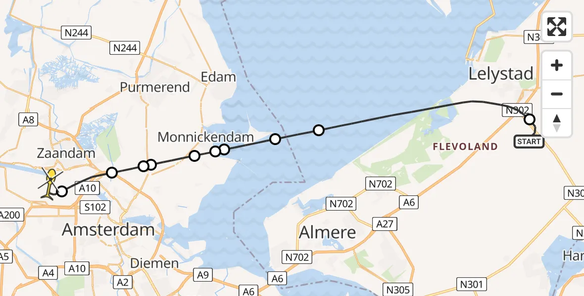 Routekaart van de vlucht: Traumaheli naar Amsterdam Heliport, Larserweg