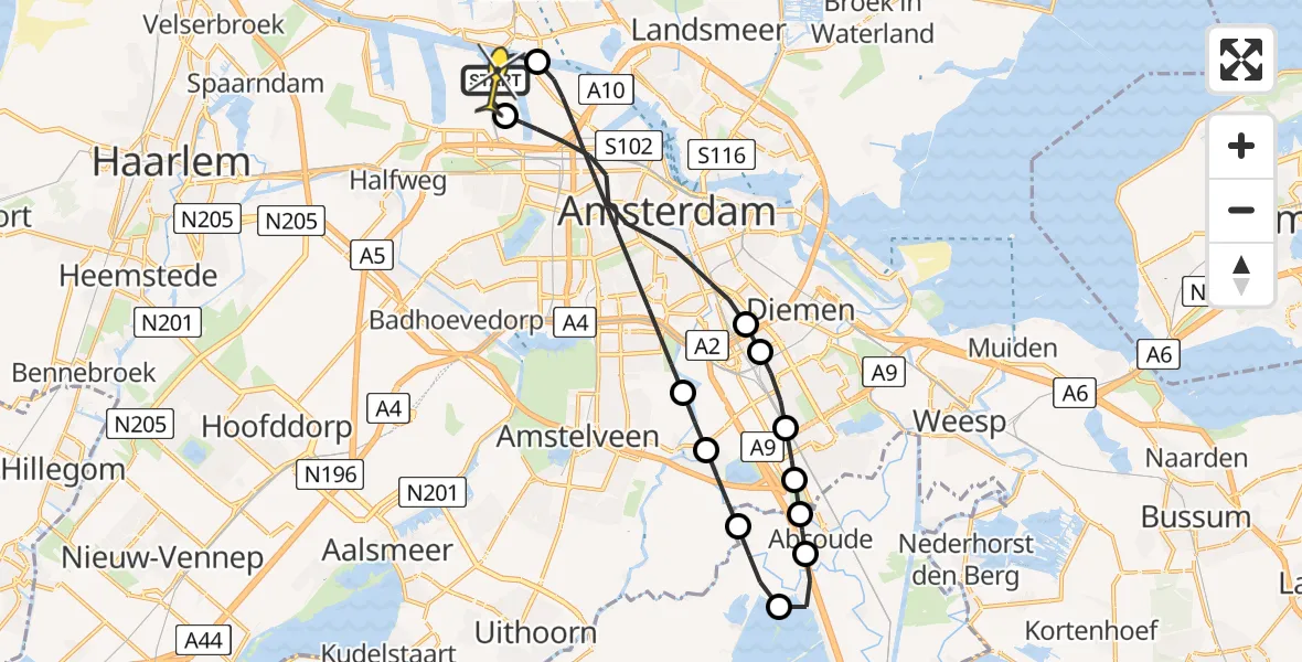 Routekaart van de vlucht: Traumaheli naar Amsterdam Heliport, Hempontplein