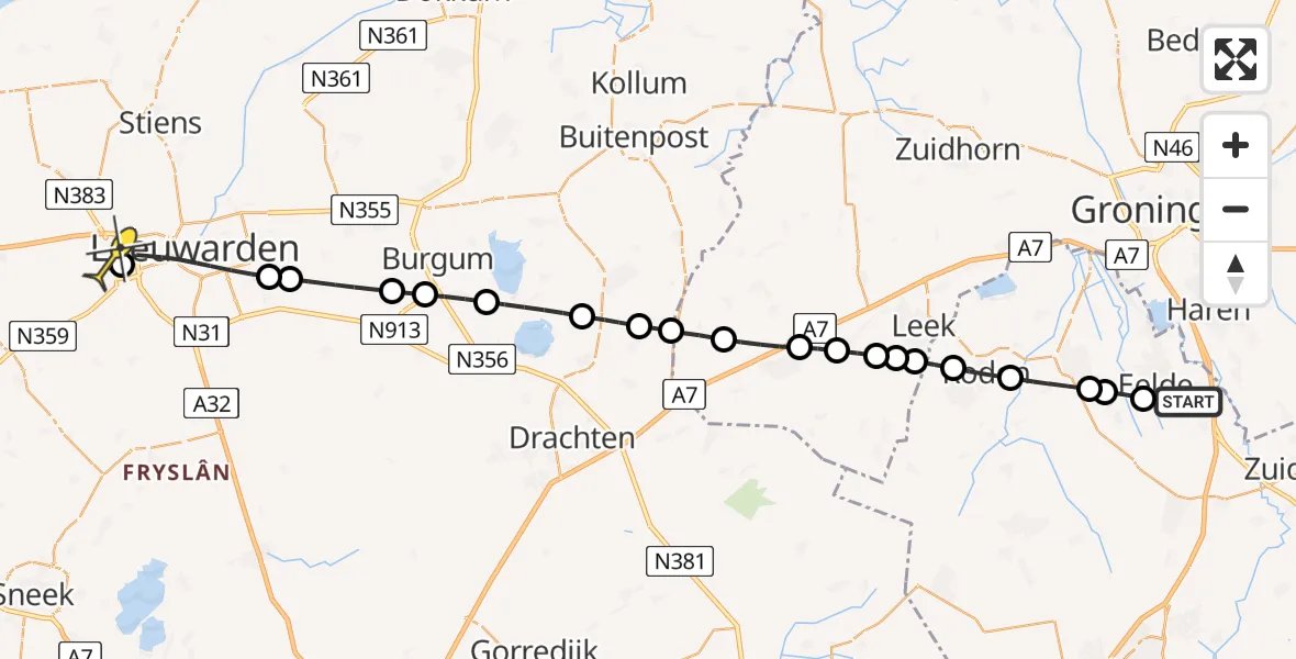 Routekaart van de vlucht: Lifeliner 4 naar Deinum, Hoofdweg