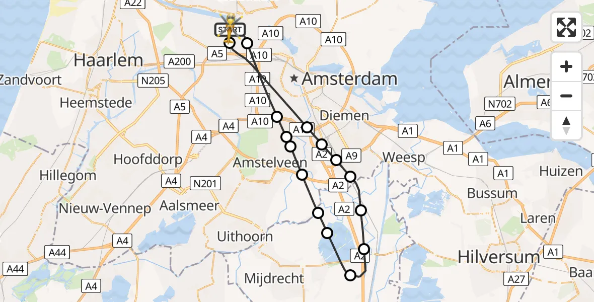 Vluchtroute Traumahelikopter van Amsterdam Heliport naar Amsterdam Heliport