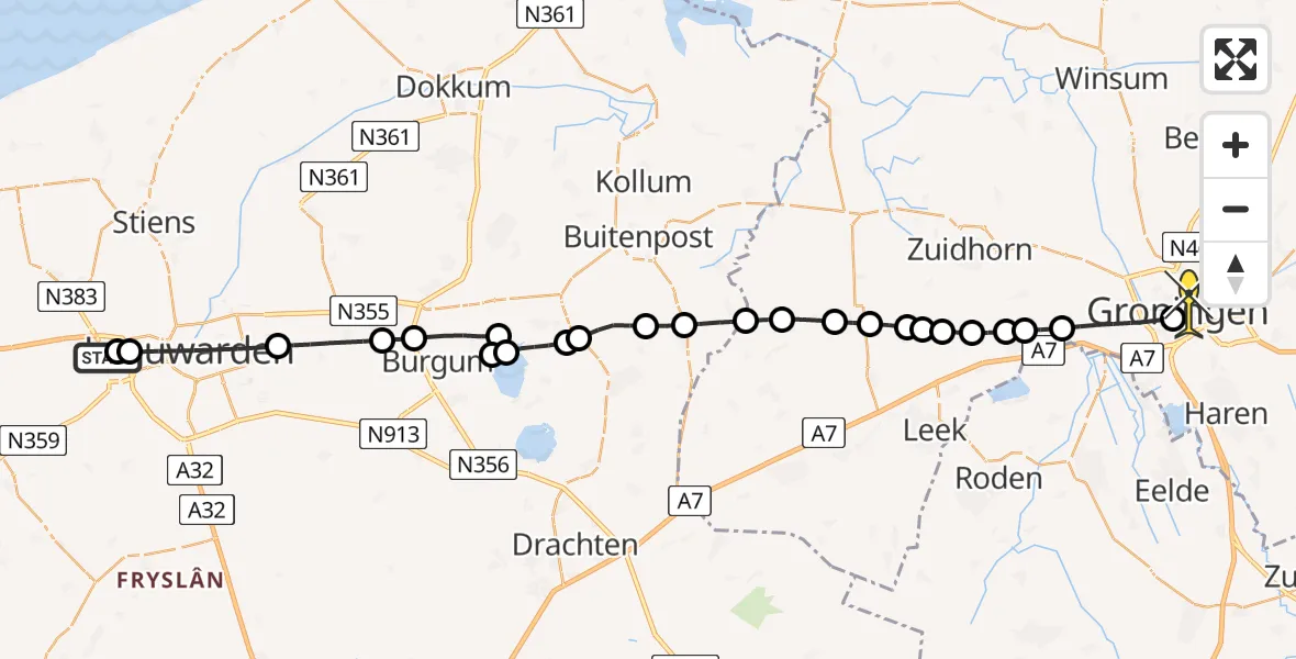 Routekaart van de vlucht: Lifeliner 4 naar Universitair Medisch Centrum Groningen, De Heak