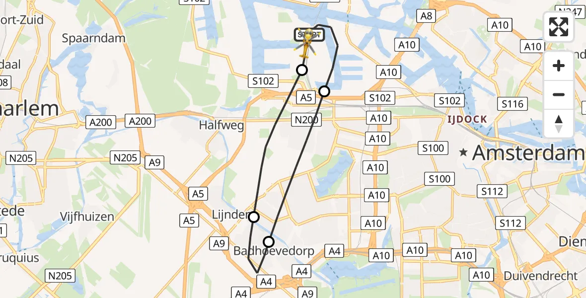 Vluchtroute Traumahelikopter van Amsterdam Heliport naar Amsterdam Heliport