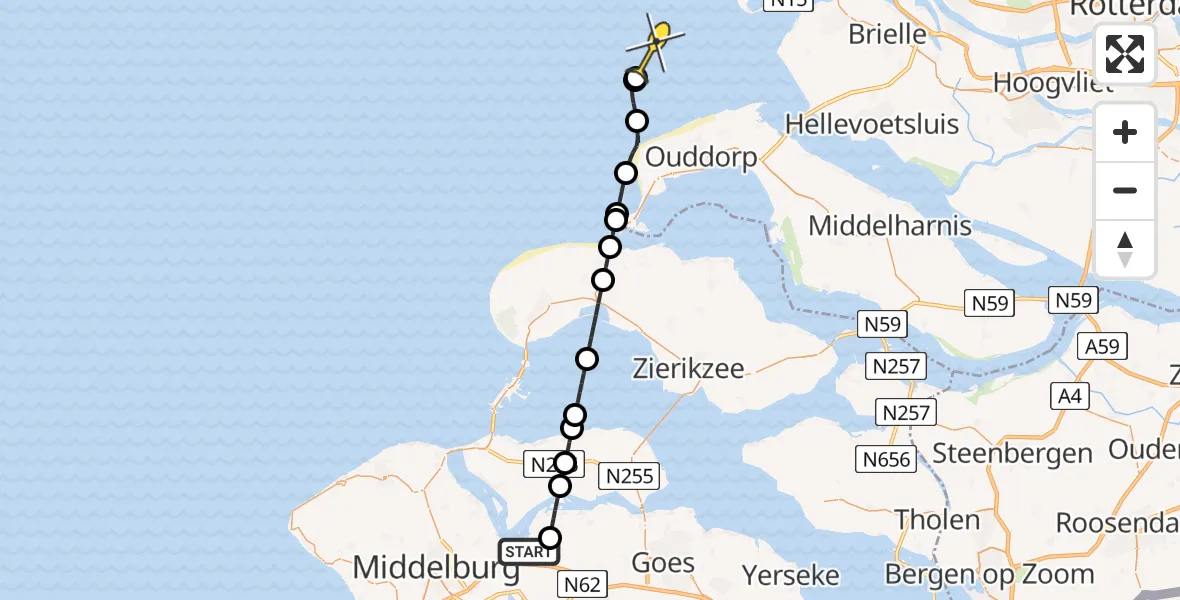 Routekaart van de vlucht: Kustwachthelikopter naar Calandweg