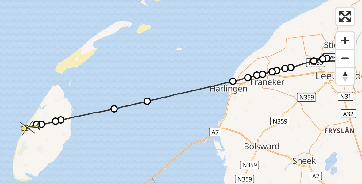 Routekaart van de vlucht: Ambulancehelikopter naar De Koog, Bitgumerlân